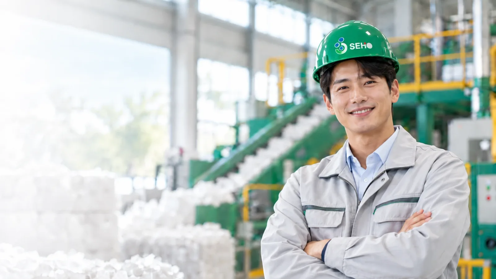 Ein SEHO-Techniker vor einer Styropor-Recyclinglinie